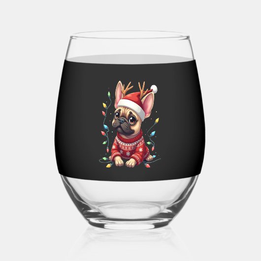 Funny French Bulldog Christmas Light Santa Hat Rei Wijnglas Zonder Voet (Voorkant)