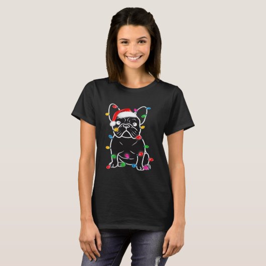 Funny French Bulldog Dog Tree Christmas Lights Xma T-shirt (Voorkant volledig)