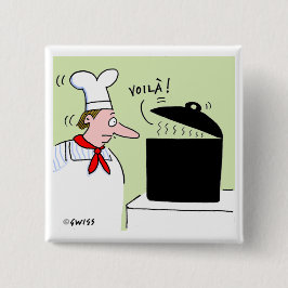 Funny French Chef met Kettle op Stove Cartoon Vierkante Button 5,1 Cm