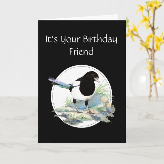 Funny, Friend Birthday, Magpie Waterverf Bird Kaart (Gele Bloem)