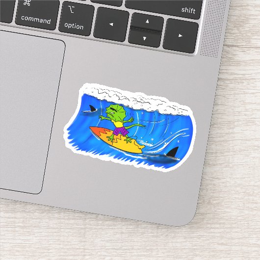 Funny frill nek lizard surfende cartoon sticker (Detail)
