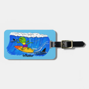 Funny frill nek lizard surfing bagagelabel. bagagelabel