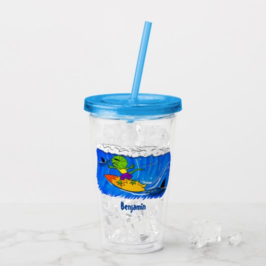 Funny frilly nek lizard surfende cartoon acryl drinkbeker (Achterkant ijs)