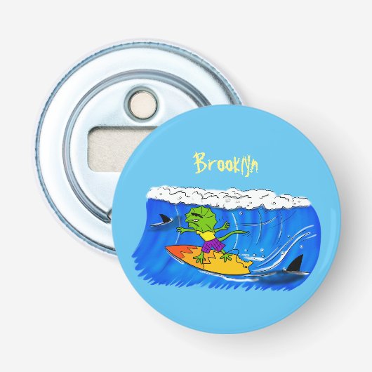 Funny frilly nek lizard surfende cartoon button flesopener (Voorkant)
