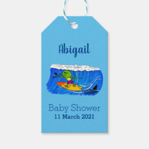 Funny frilly nek lizard surfende cartoon cadeaulabel