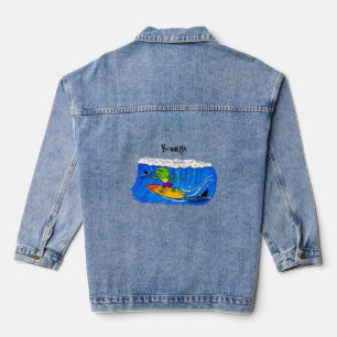 Funny frilly nek lizard surfende cartoon denim jacket