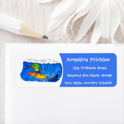 Funny frilly nek lizard surfende cartoon etiket (Insitu)