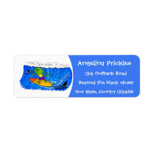 Funny frilly nek lizard surfende cartoon etiket