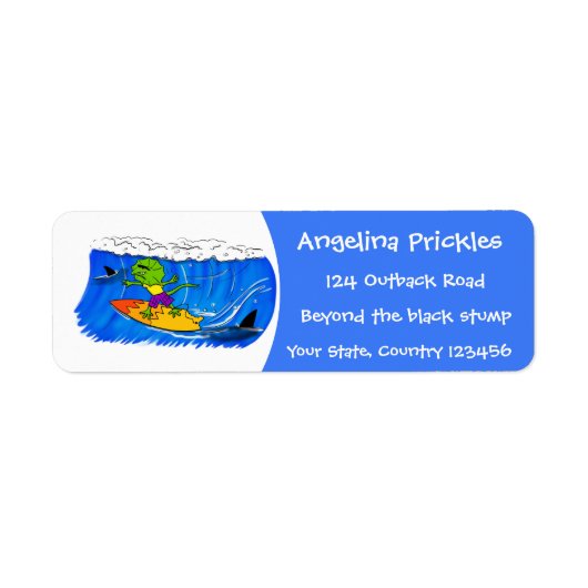 Funny frilly nek lizard surfende cartoon etiket (Voorkant)