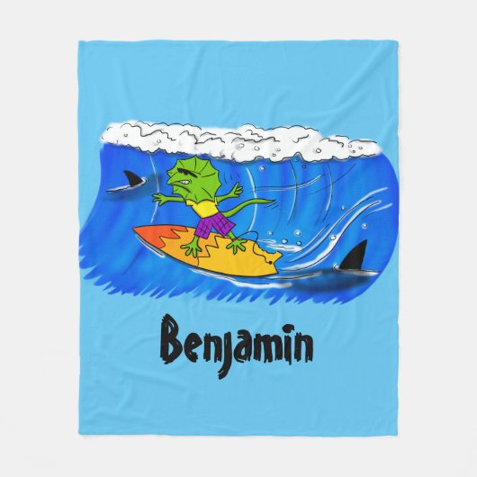 Funny frilly nek lizard surfende cartoon fleece deken (Voorkant)