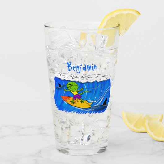 Funny frilly nek lizard surfende cartoon glas (Achterkant ijs)