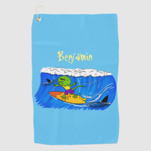 Funny frilly nek lizard surfende cartoon golfhanddoek