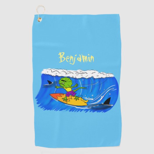 Funny frilly nek lizard surfende cartoon golfhanddoek (Voorkant)