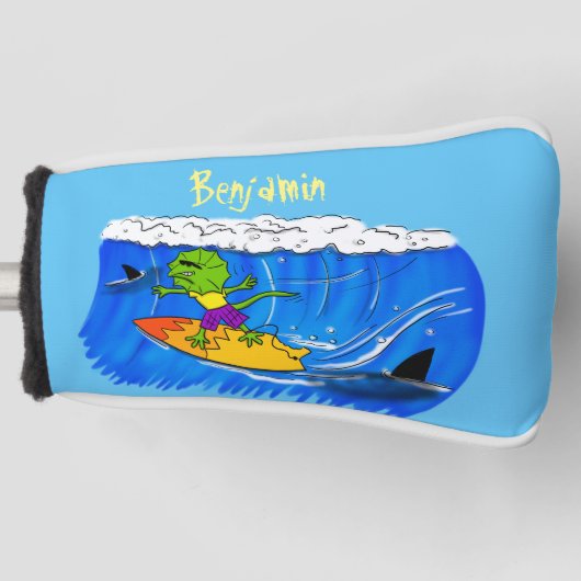 Funny frilly nek lizard surfende cartoon golfheadcover (Voorkant)