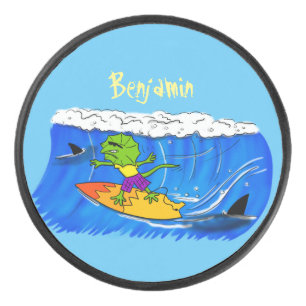 Funny frilly nek lizard surfende cartoon hockey puck