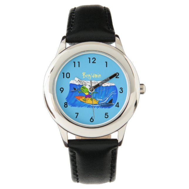 Funny frilly nek lizard surfende cartoon horloge (Voorkant)