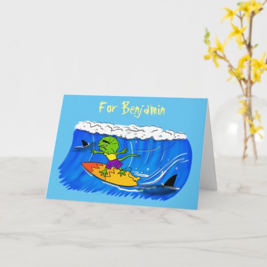 Funny frilly nek lizard surfende cartoon kaart (Gele Bloem)