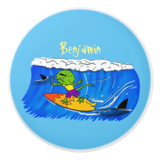 Funny frilly nek lizard surfende cartoon keramische knop (Voorkant)