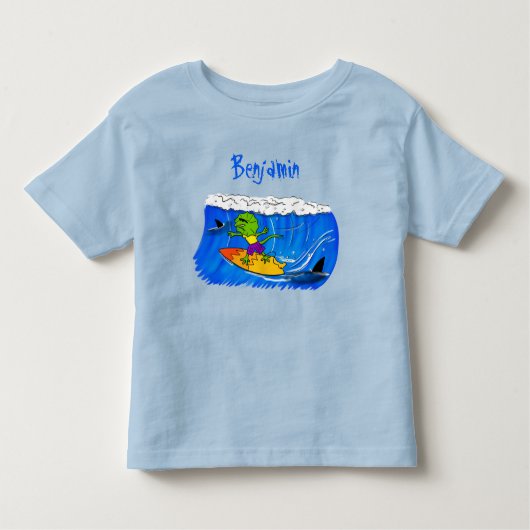 Funny frilly nek lizard surfende cartoon kinder shirts (Voorkant)