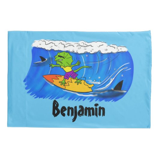 Funny frilly nek lizard surfende cartoon kussensloop (Achterkant)