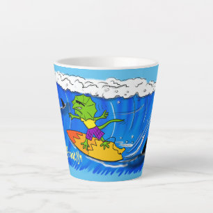 Funny frilly nek lizard surfende cartoon latte mok