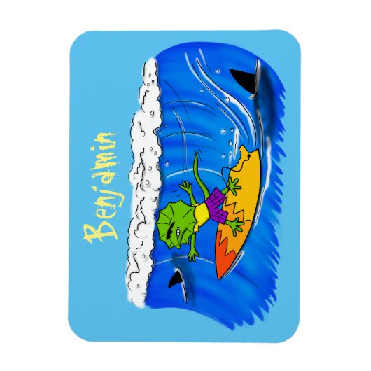 Funny frilly nek lizard surfende cartoon magneet (Verticaal)