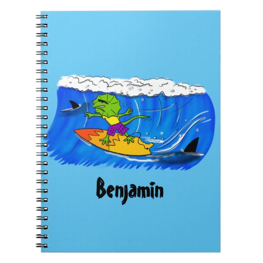 Funny frilly nek lizard surfende cartoon notitieboek (Voorkant)