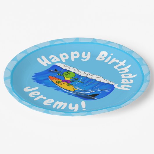 Funny frilly nek lizard surfende cartoon papieren bordje (Gekanteld)