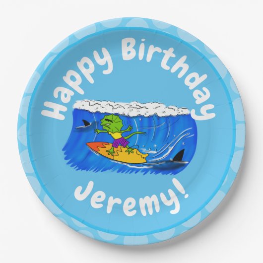 Funny frilly nek lizard surfende cartoon papieren bordje (Voorkant)