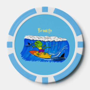 Funny frilly nek lizard surfende cartoon poker chips