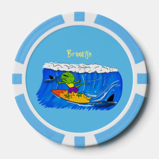 Funny frilly nek lizard surfende cartoon poker chips (Voorkant)