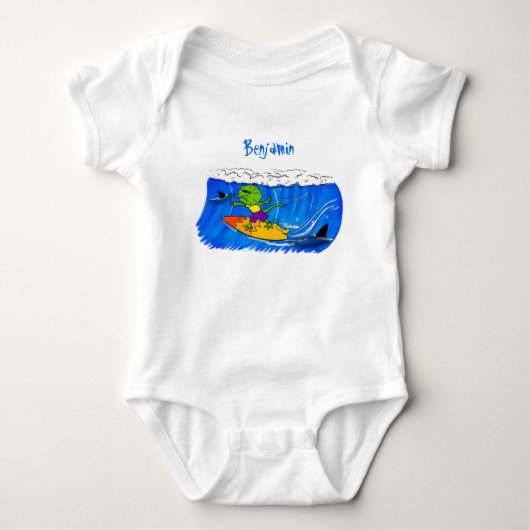 Funny frilly nek lizard surfende cartoon romper (Voorkant)