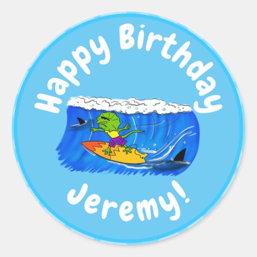 Funny frilly nek lizard surfende cartoon ronde sticker (Voorkant)