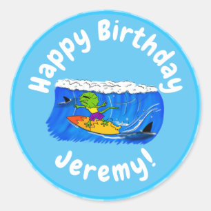 Funny frilly nek lizard surfende cartoon ronde sticker