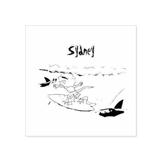 Funny frilly nek lizard surfende cartoon rubberstempel (Afrduk)