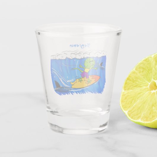 Funny frilly nek lizard surfende cartoon shot glas (Achterkant)