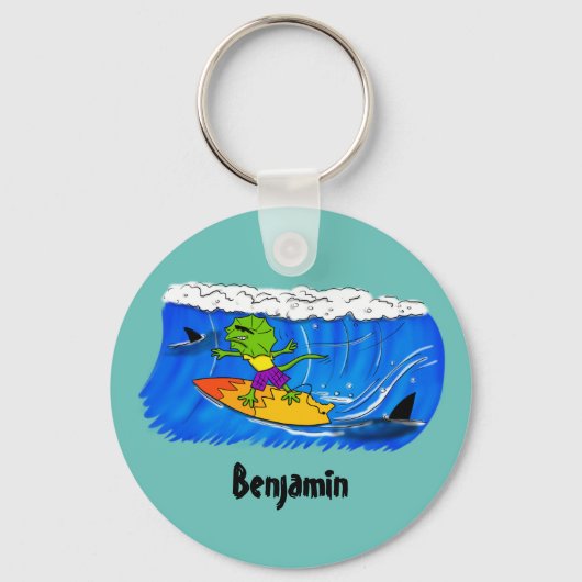 Funny frilly nek lizard surfende cartoon sleutelhanger (Voorkant)