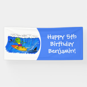 Funny frilly nek lizard surfende cartoon spandoek