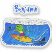 Funny frilly nek lizard surfende cartoon sticker (Voorkant)