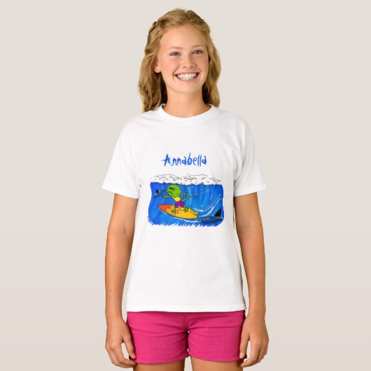 Funny frilly nek lizard surfende cartoon t-shirt (Voorkant volledig)