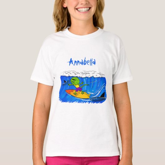 Funny frilly nek lizard surfende cartoon t-shirt (Voorkant)