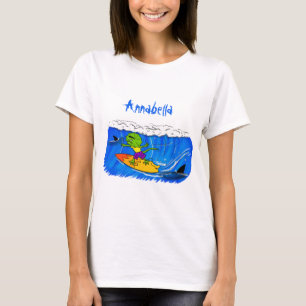 Funny frilly nek lizard surfende cartoon t-shirt