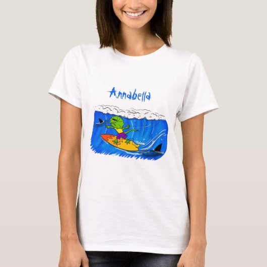 Funny frilly nek lizard surfende cartoon t-shirt (Voorkant)