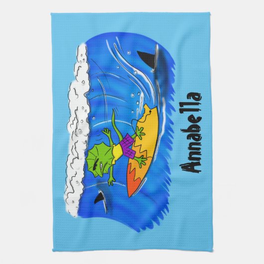 Funny frilly nek lizard surfende cartoon theedoek (Verticaal)