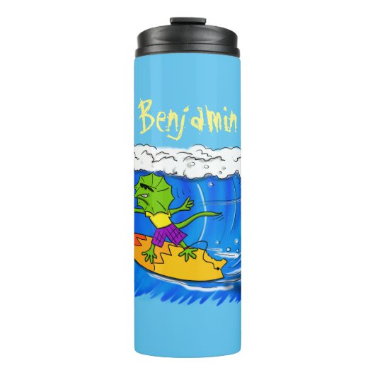 Funny frilly nek lizard surfende cartoon thermosbeker (Voorkant)