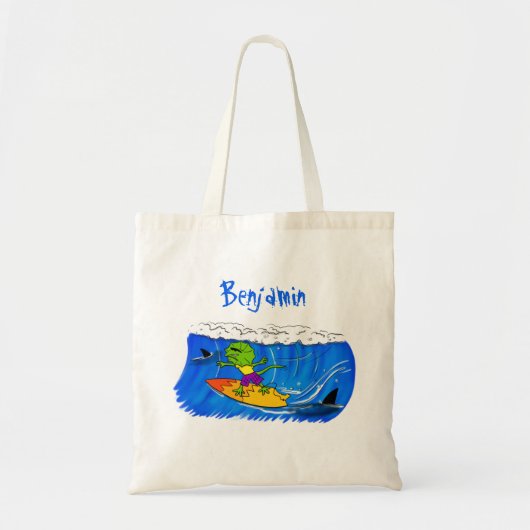 Funny frilly nek lizard surfende cartoon tote bag (Voorkant)
