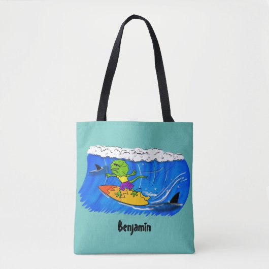 Funny frilly nek lizard surfende cartoon tote bag (Voorkant)