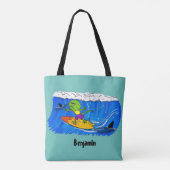 Funny frilly nek lizard surfende cartoon tote bag (Achterkant)
