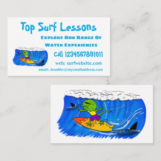 Funny frilly nek lizard surfende cartoon visitekaartje (Voorkant / Achterkant)