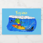 Funny frilly nek lizard surfende cartoon voedselcontainer etiket (Enkel label)
